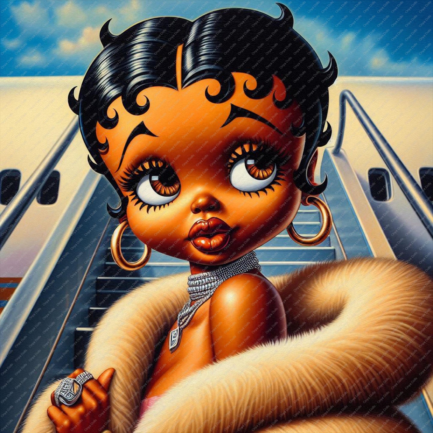 Glam melanin girl wearing fur coat and hoop earrings standing beside a private jet.

