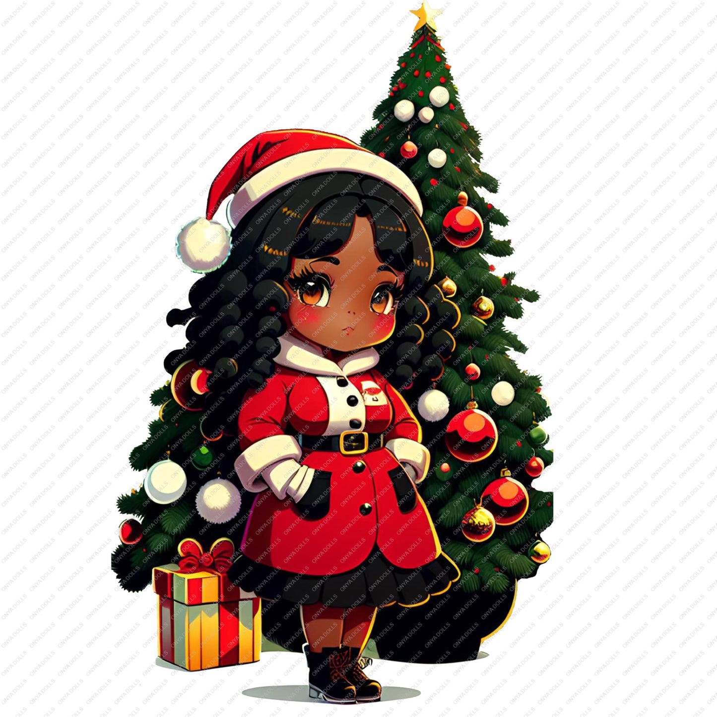 Cute Christmas girl PNG wearing Santa hat and red holiday outfit standing beside decorated Christmas tree with gifts
