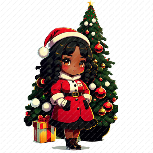 Cute Christmas girl PNG wearing Santa hat and red holiday outfit standing beside decorated Christmas tree with gifts
