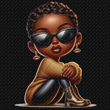 Illustration of a stylish character wearing sunglasses and a brown outfit on a dark background