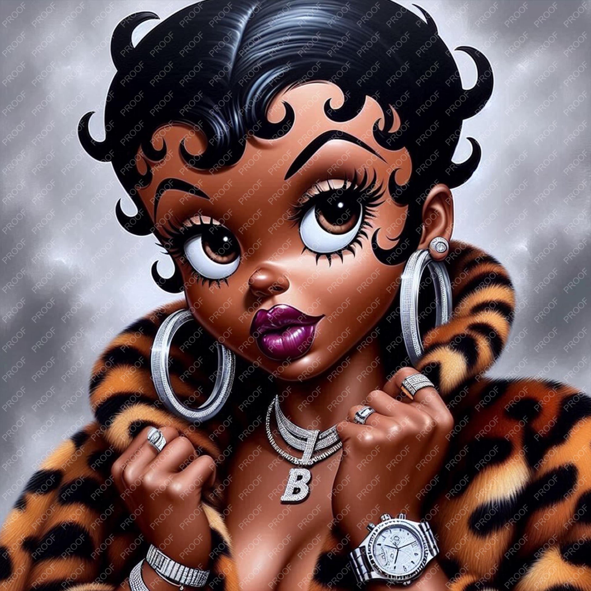 Glam melanin girl wearing leopard coat with hoop earrings and statement jewelry on transparent background.
