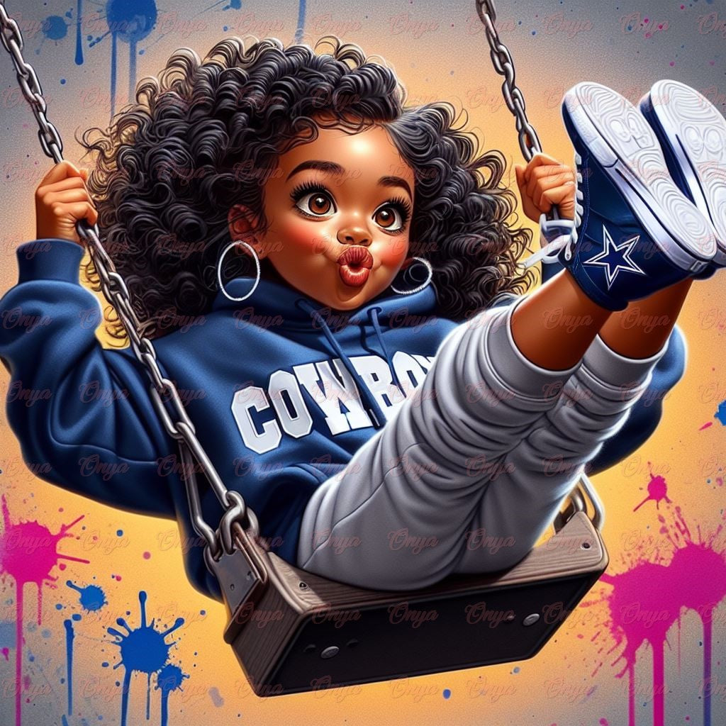 High-resolution PNG of a stylish, Betty Boop-inspired African American woman dressed in football fan gear. She poses confidently with sporty accessories, perfect for game day-themed designs. Transparent background for use on shirts, tumblers, and planner pages.
