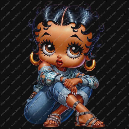 Cartoon character with blue hair and denim outfit on a black background