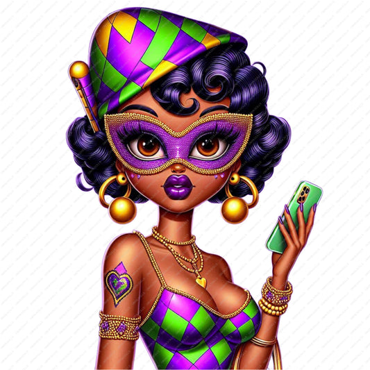 Mardi Gras diva PNG purple green gold masked girl carnival clipart digital download
