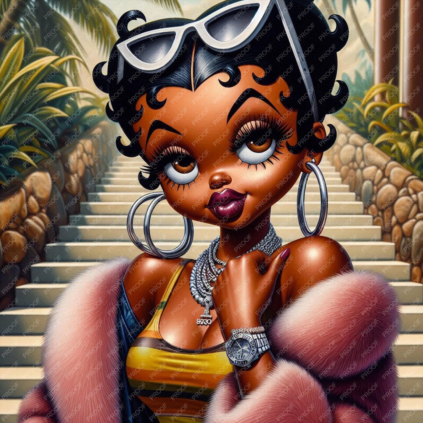 Glam melanin fashion girl wearing oversized sunglasses and a fur wrap posing confidently on outdoor luxury steps with tropical greenery.
