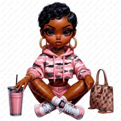 Pink Camo PNG Bundle, 14 High-Res Files of Stylish African American Girls | Sublimation, Planner, Cricut, & Sticker Clipart