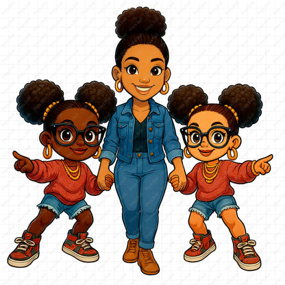 Mommy and Her Girls PNG – Melanin Digital Doll Clipart | Black Mom and Daughters, Twins Illustration for Sublimation & Crafts