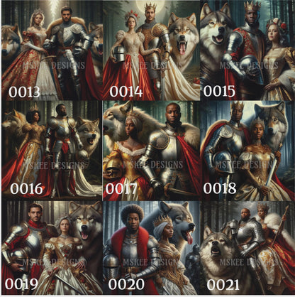 Collage of images featuring knights, queens, and wolves in various poses with numbers indicating different versions.