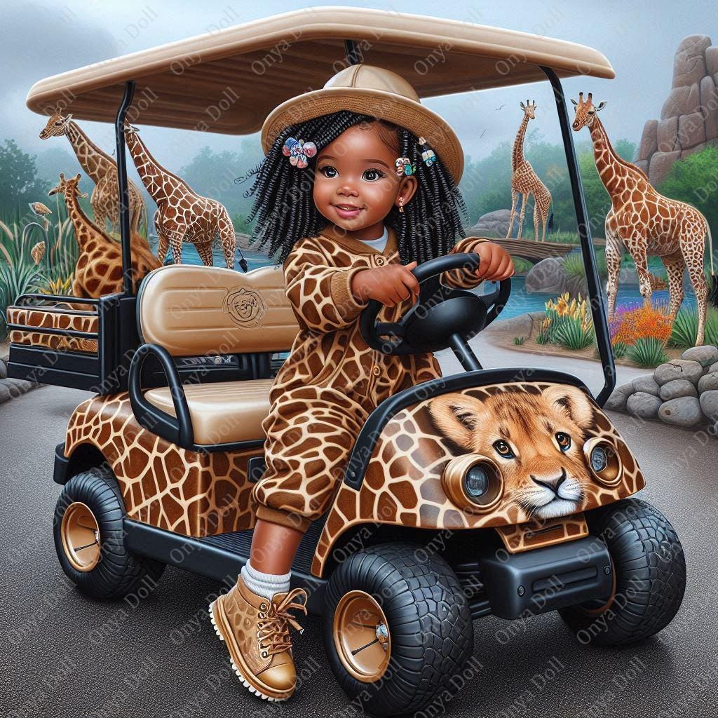 Onya Safari Girl PNG | Cute Baby with Curls in Golf Cart Clipart for Sublimation, Planners, Cricut | High-Quality Digital File