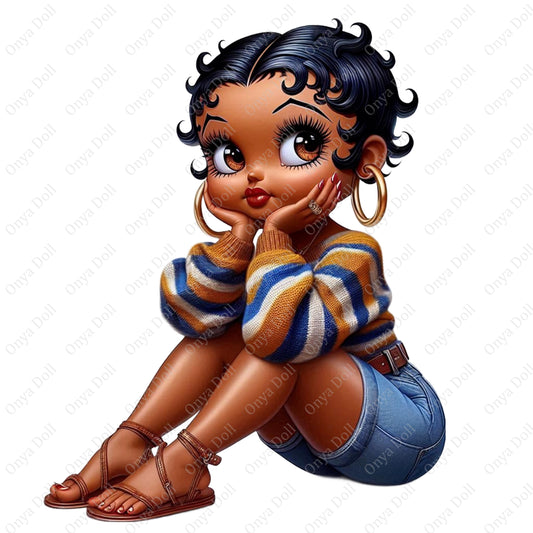 Cartoon character sitting with hand on chin, wearing a striped sweater and denim shorts.