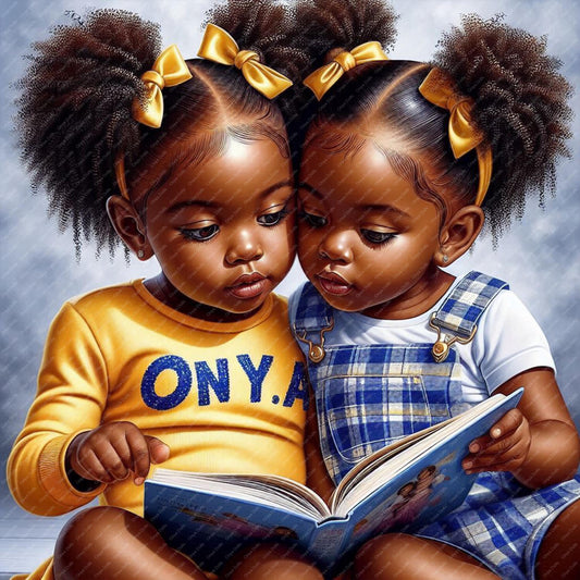 Two young children with gold bows reading a book against a gray background