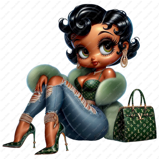 Afro Betty Boop styled as Baddie Boo in a green luxury fur coat, ripped jeans, high heels, and holding a monogram designer handbag. Transparent PNG for crafts.

