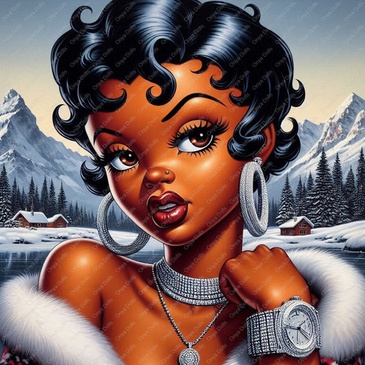 Afro Betty Boop styled as Baddie Boo with diamond jewelry, fur wrap, and a snowy mountain background. High-res PNG perfect for winter crafts and sublimation.
