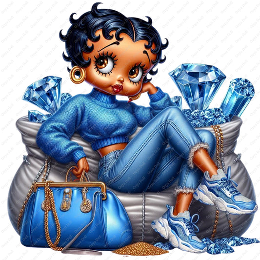 Baddie Boo Afro Boop PNG | Classy African American Woman with Money Bag and Diamonds | Sublimation, Planner, High-Quality File