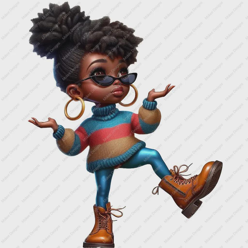 Illustration of a stylized character with an afro, sunglasses, and boots on a white background