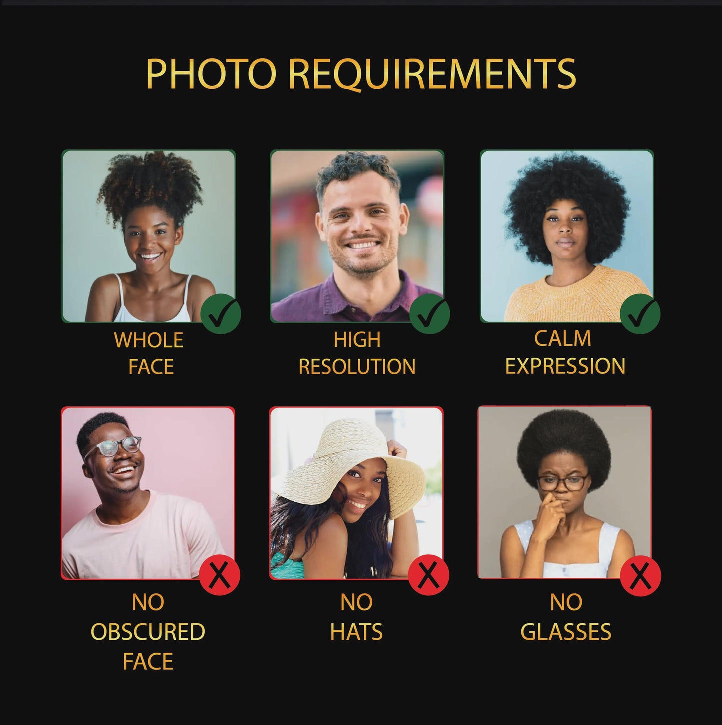 Chart detailing photo requirements with examples and red crosses indicating prohibited elements.