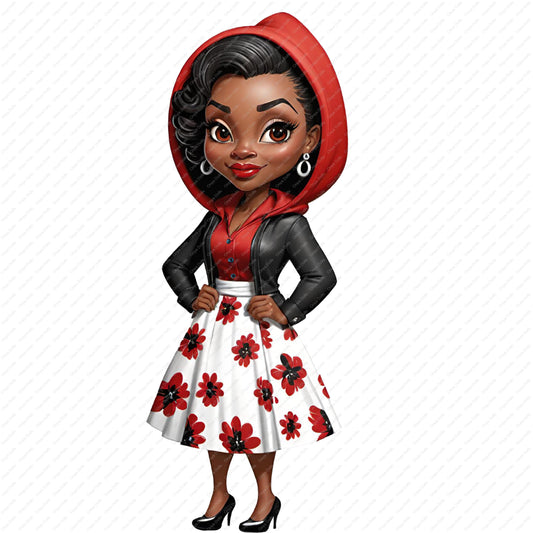 Cartoon character with a red hood, black leather jacket, and white dress with red floral pattern on a white background