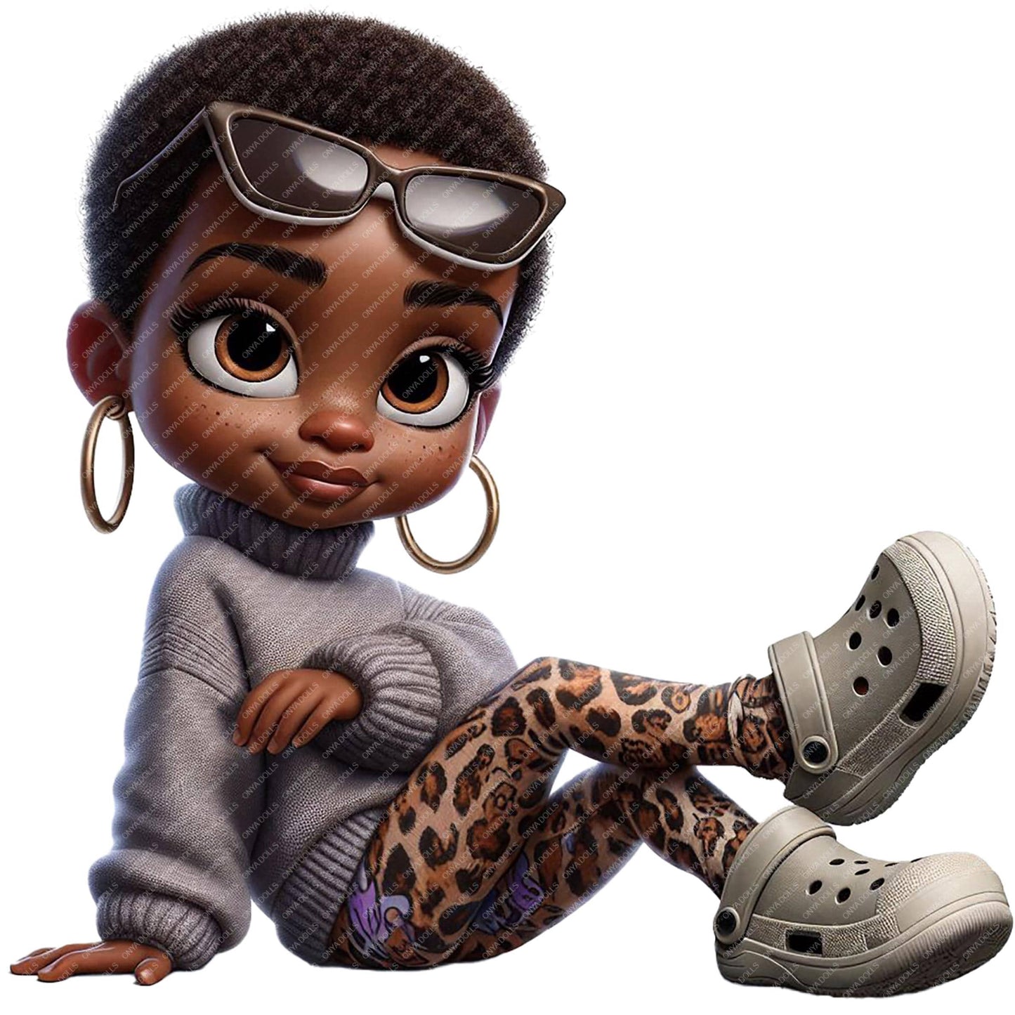 Digital illustration of a confident melanin teen girl with short sleek hair, warm brown eyes, and soft glam makeup. She is styled in casual trendy fashion with hoop earrings, facing forward against a clean background. High-resolution PNG clipart for planners, sublimation, and digital crafts.
