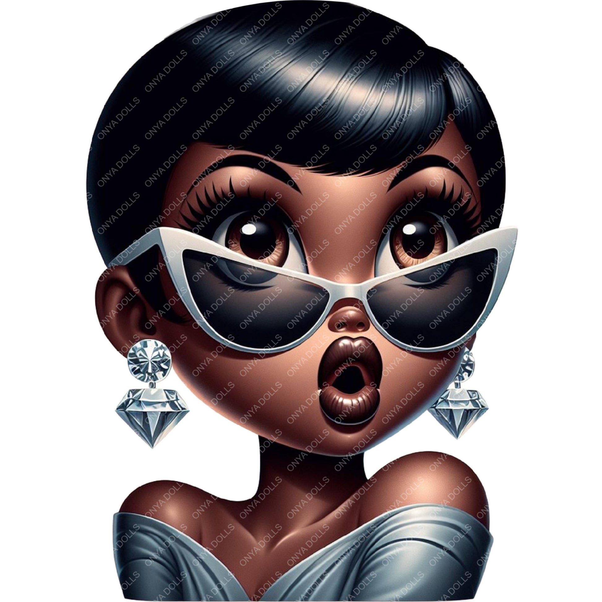Illustration of a woman wearing sunglasses and diamond earrings on a white background