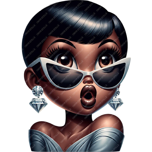 Illustration of a woman wearing sunglasses and diamond earrings on a white background