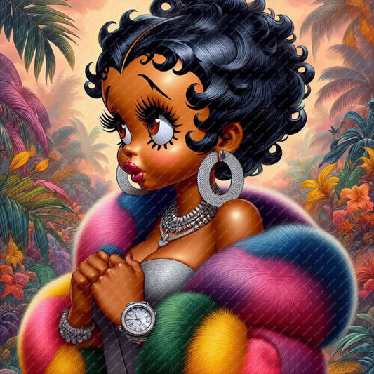 Melanin woman with short curls and rainbow wrap in tropical sunset setting PNG

