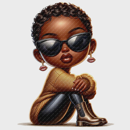 Illustration of a child wearing sunglasses and a sweater on a white background