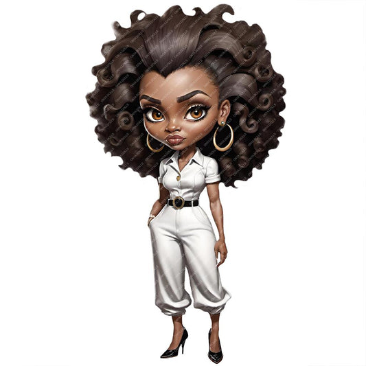 Cartoon character of a woman with large, styled hair wearing a white outfit on a white background