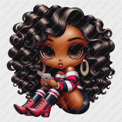 Cartoon character with curly hair holding a phone on a white background
