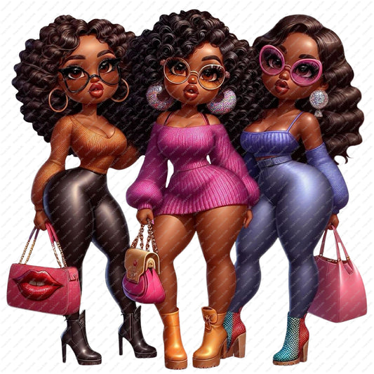 Three stylish curvy women PNG wearing glam outfits and heels holding handbags and posing confidently
