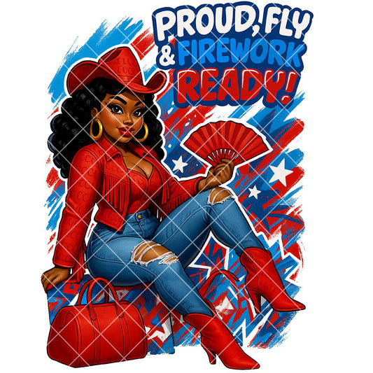 Woman in red cowboy hat and boots with text 'Proud, Fly & Firework Ready!' on a colorful background