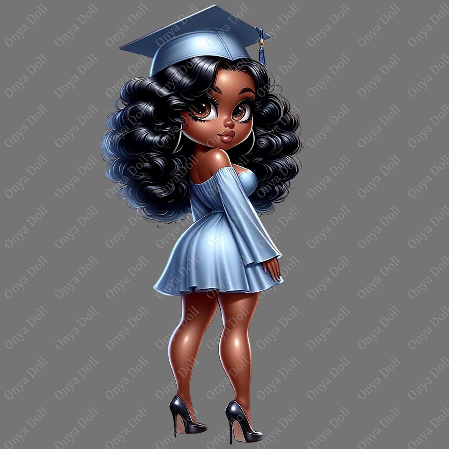 Illustration of a graduate girl in a blue gown and cap on a gray background with 'Oryza Doll' branding.