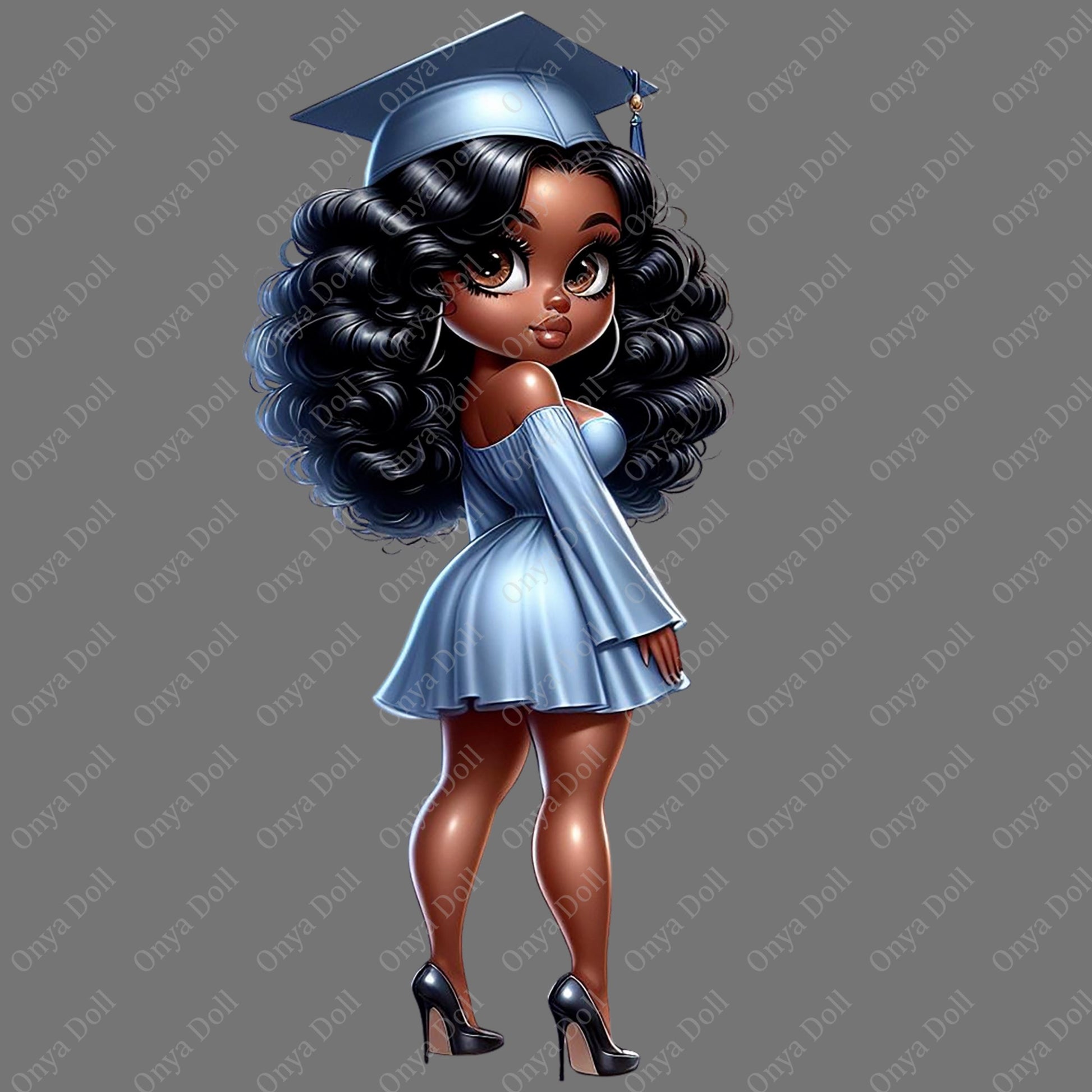 Illustration of a graduate girl in a blue gown and cap on a gray background with 'Oryza Doll' branding.
