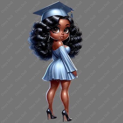 Illustration of a graduate girl in a blue gown and cap on a gray background with 'Oryza Doll' branding.