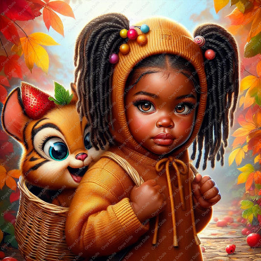 Child in a brown outfit with braided hair, surrounded by autumn leaves and a tiger plush toy.
