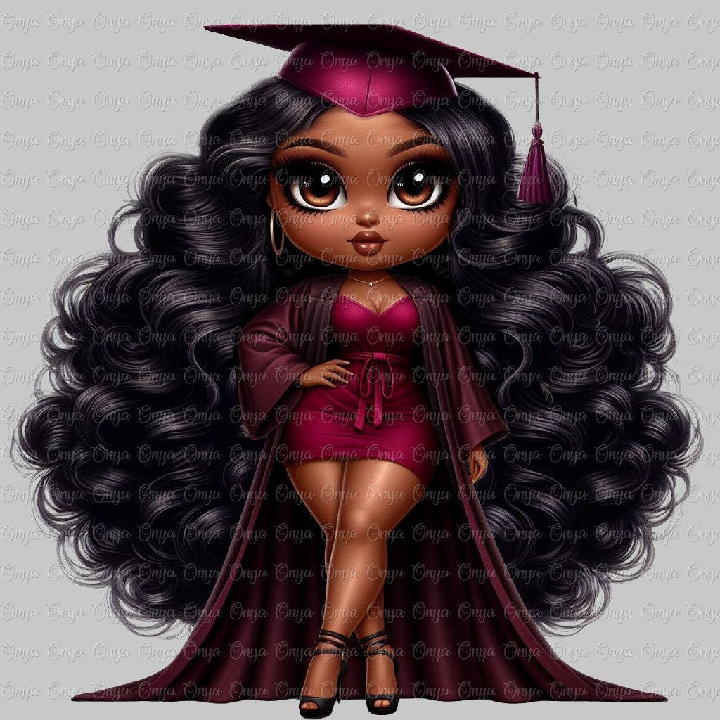 Illustration of a graduate in a maroon gown and cap with long hair on a light gray background.