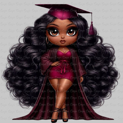 Illustration of a graduate in a maroon gown and cap with long hair on a light gray background.