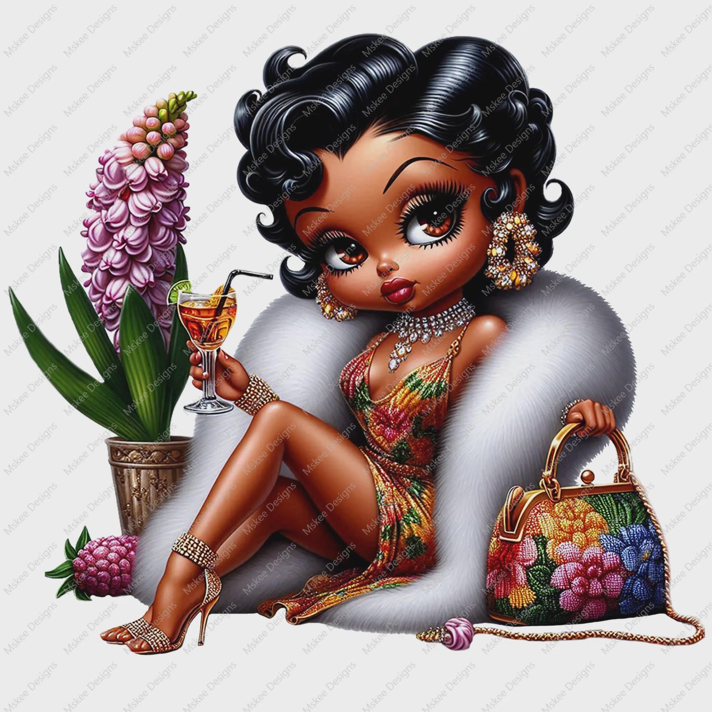 Glamorous Black girl in tropical floral dress sitting in white chair with gold accessories and colorful flower handbag.
