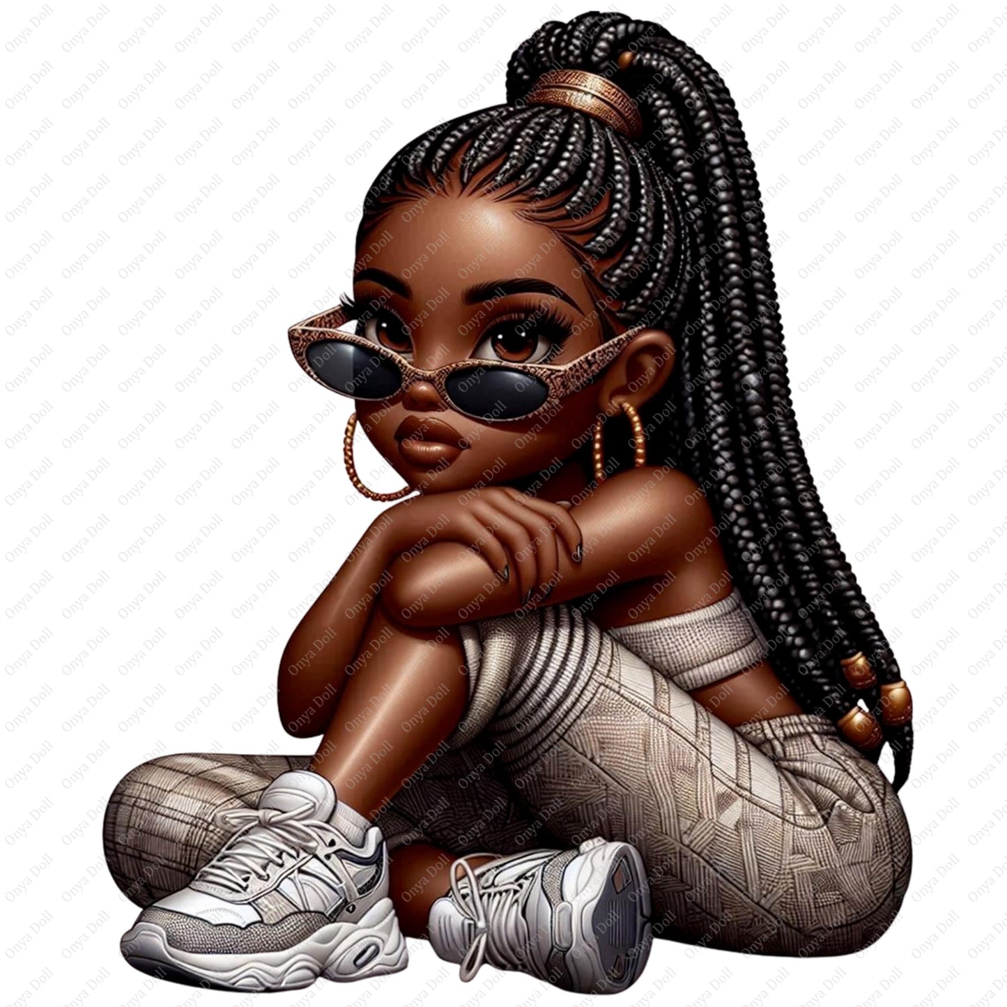 Onya Baby Girl PNG | Braided Princess Sitting Pose Clipart for Sublimation, Cricut, Planner, Melanin Digital Download | 300 DPI