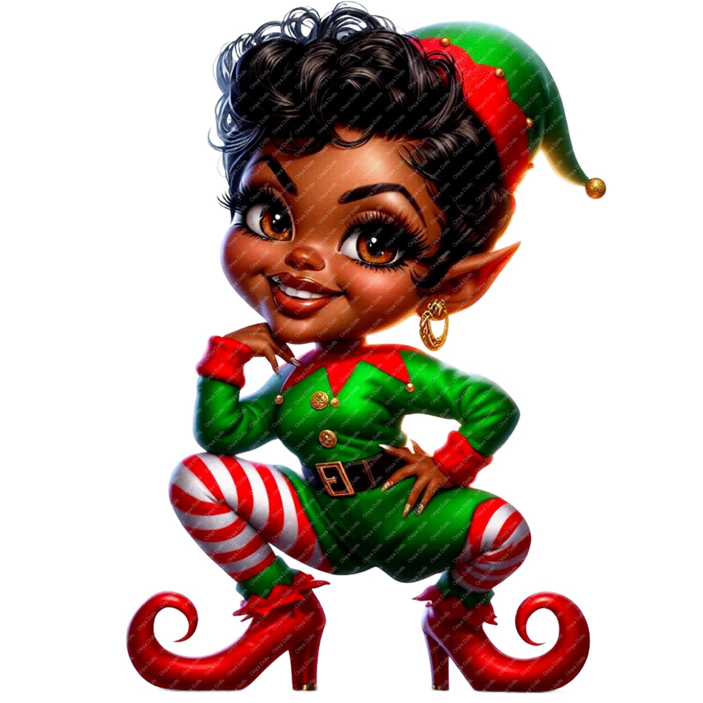 Cute melanin Christmas elf girl wearing red and green outfit with striped stockings and curled elf shoes on transparent background.
