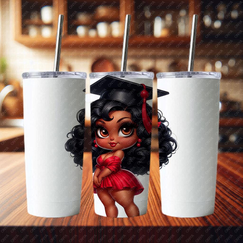 Tumbler with a graduation-themed design of a girl in a red dress and cap on a wooden surface.