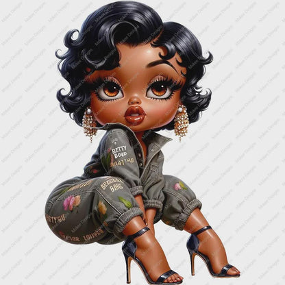 Cartoon character with curly hair wearing a green jacket and high heels on a white background