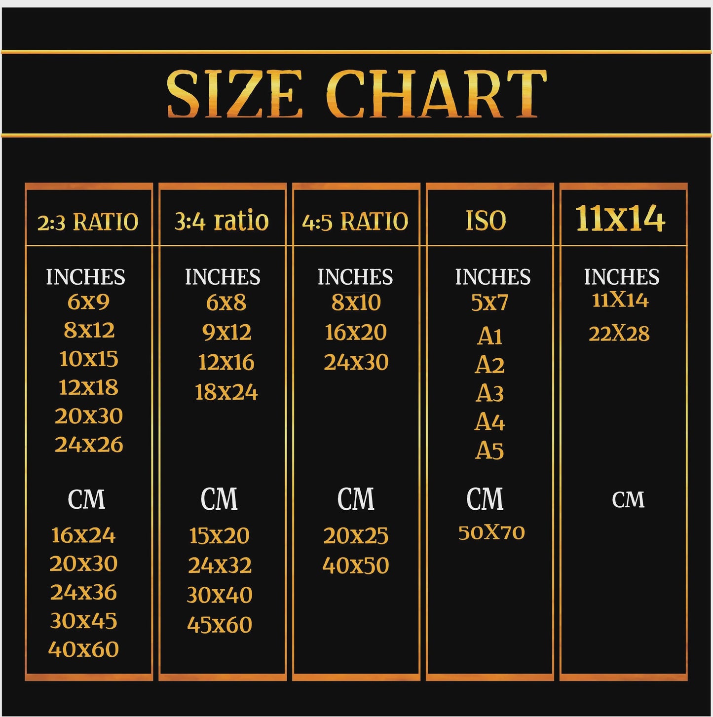 Size chart with various ratio and size conversions on a black background