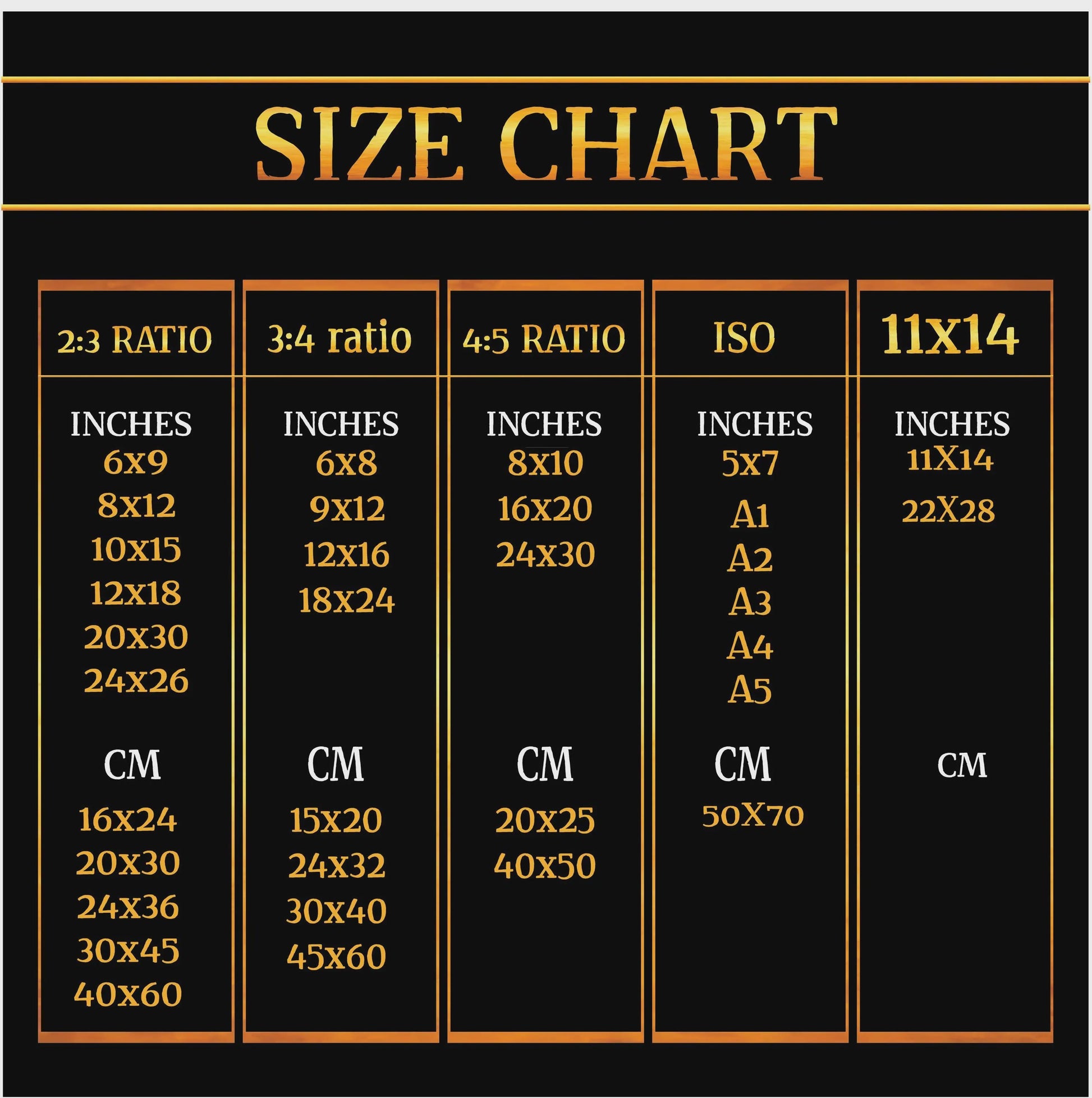 Size chart with various ratio and size conversions on a black background