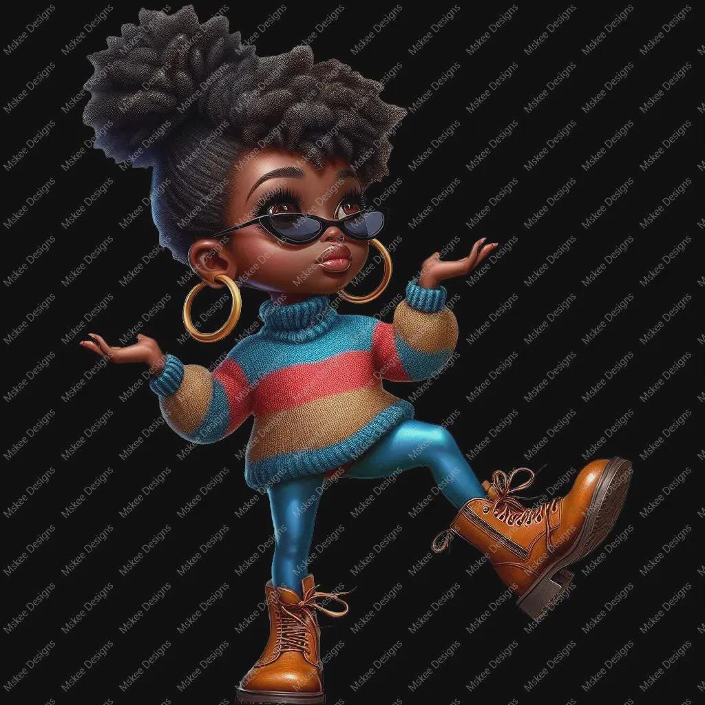 Cartoon character with stylized hair, sunglasses, and colorful outfit on a transparent background