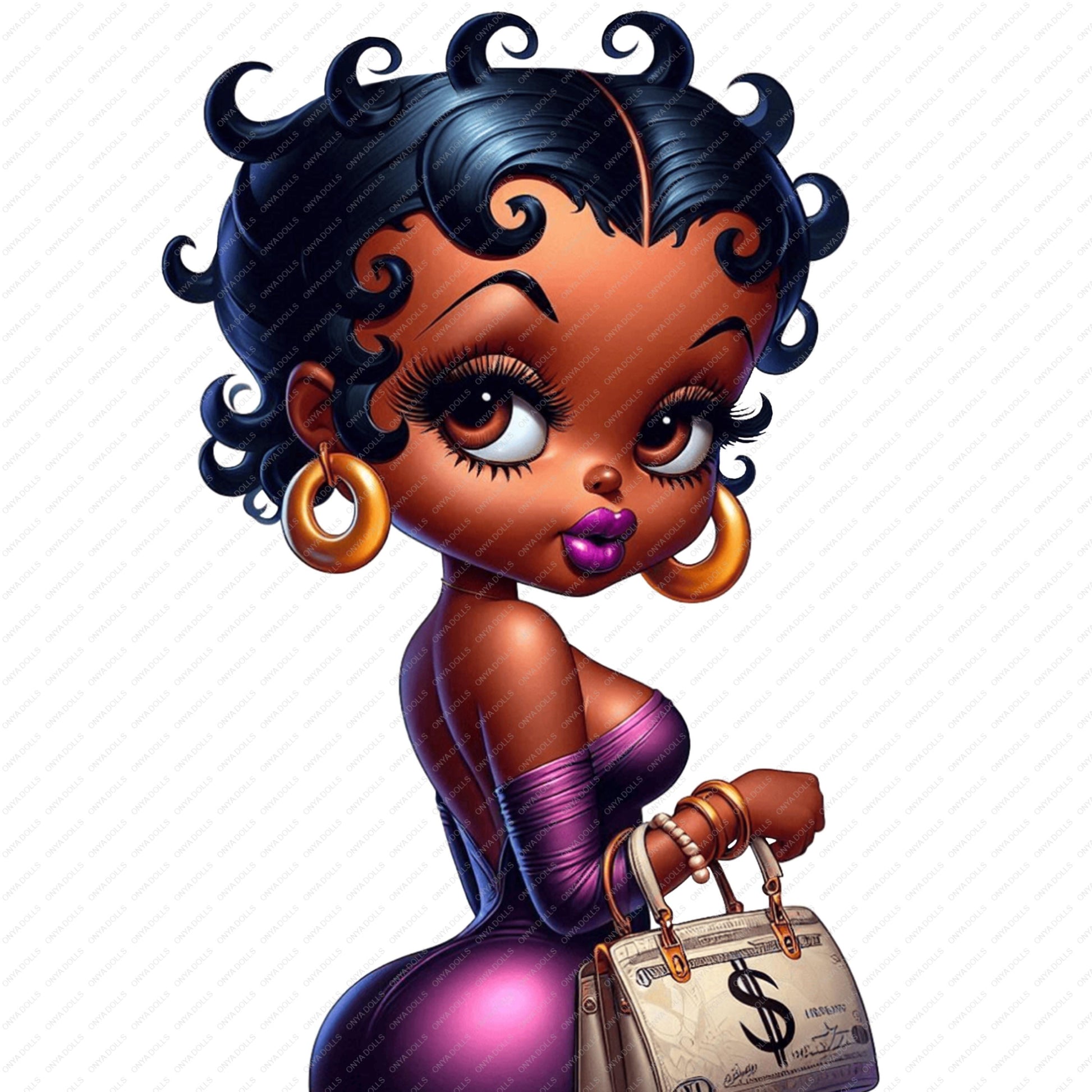 Stylish Black girl with short curls, gold hoops, purple outfit and designer purse PNG
