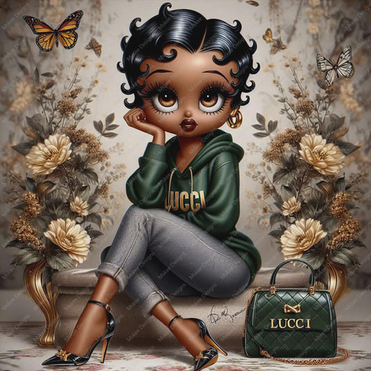 Melanin girl in green hoodie sitting with butterflies and floral background PNG clipart

