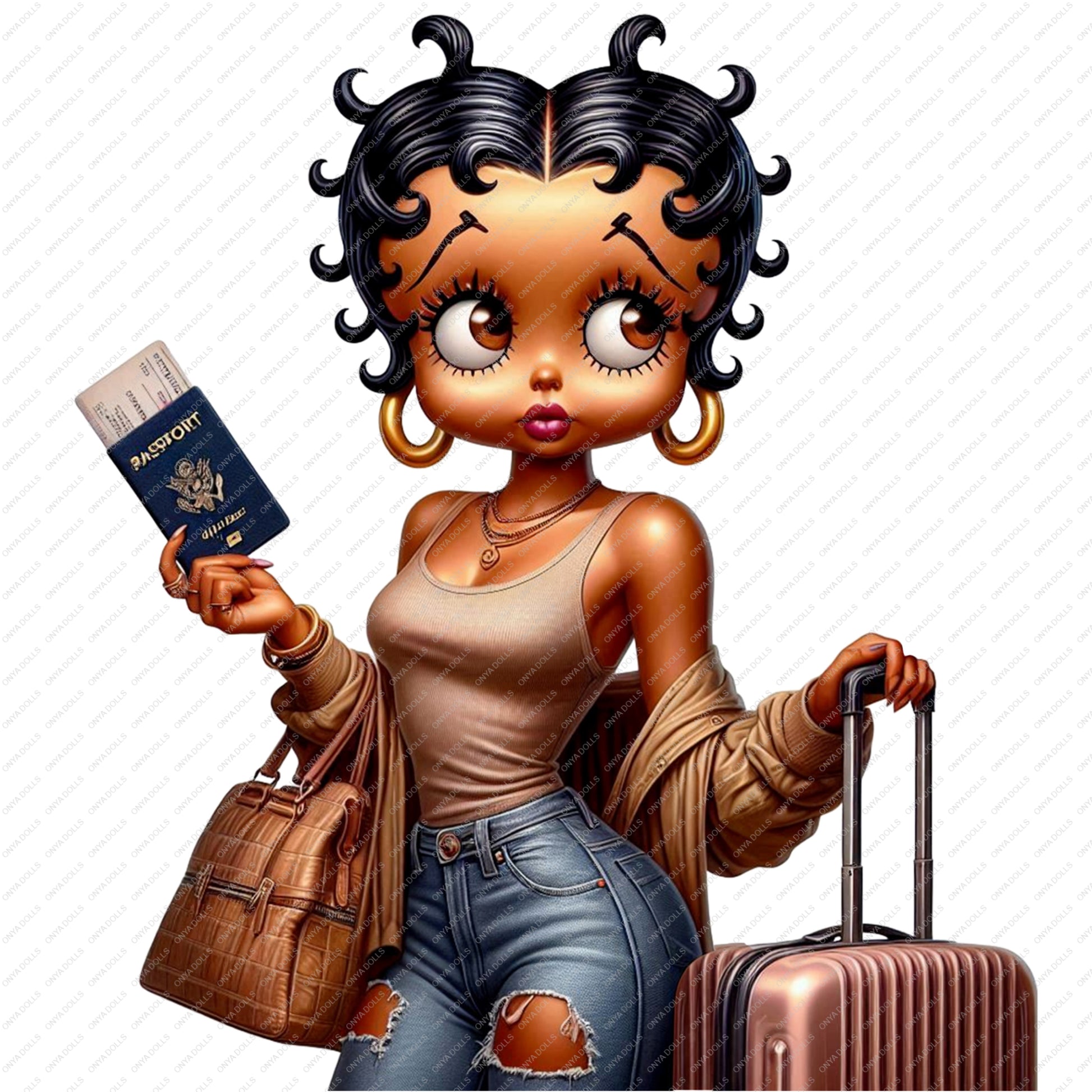 High-resolution PNG of Afro Betty Boop styled for vacation travel, wearing trendy attire and holding luggage. Transparent background, perfect for sublimation.
