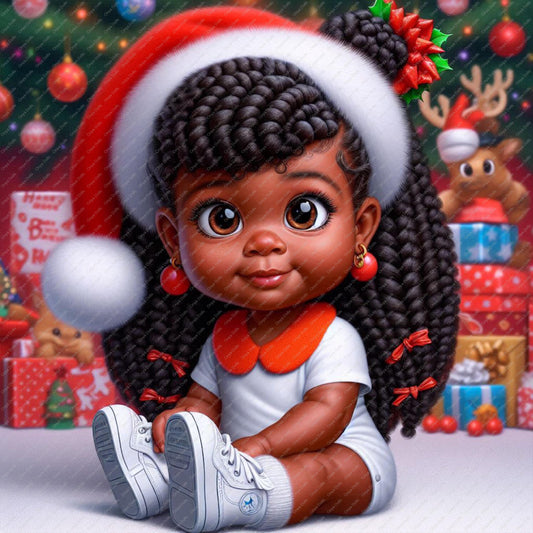 Black baby girl wearing a Santa hat with braids sitting among Christmas gifts in a digital illustration

