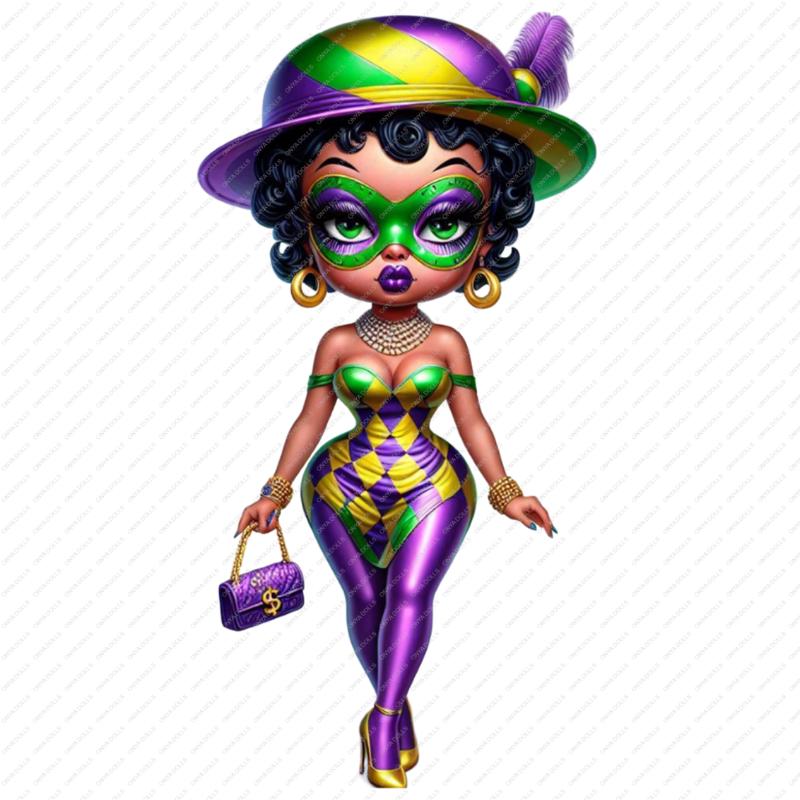 Black woman wearing a Mardi Gras jester mask and purple green gold fashion outfit in digital illustration
