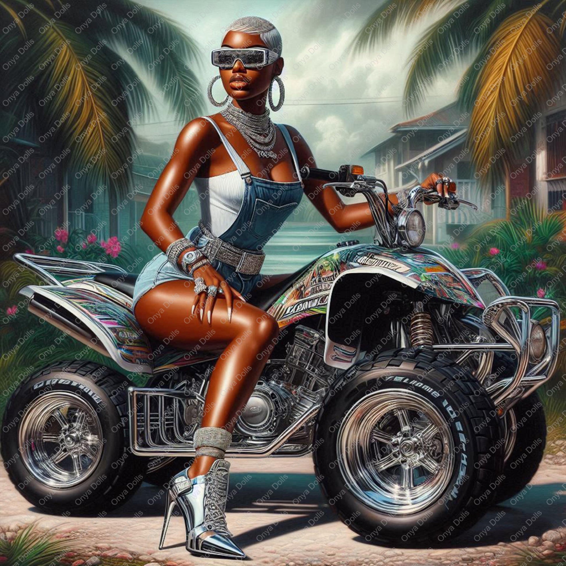 Black woman with platinum hair sitting on a quad bike in a tropical setting wearing luxury fashion
